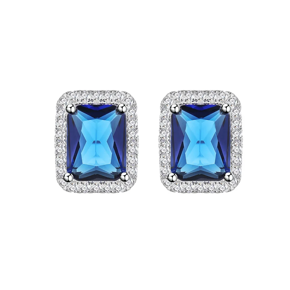 Zhenchengda S925 Pure Silver Inlaid Simulation Sapphire Earrings, Classic European and American Silver Needle Earrings