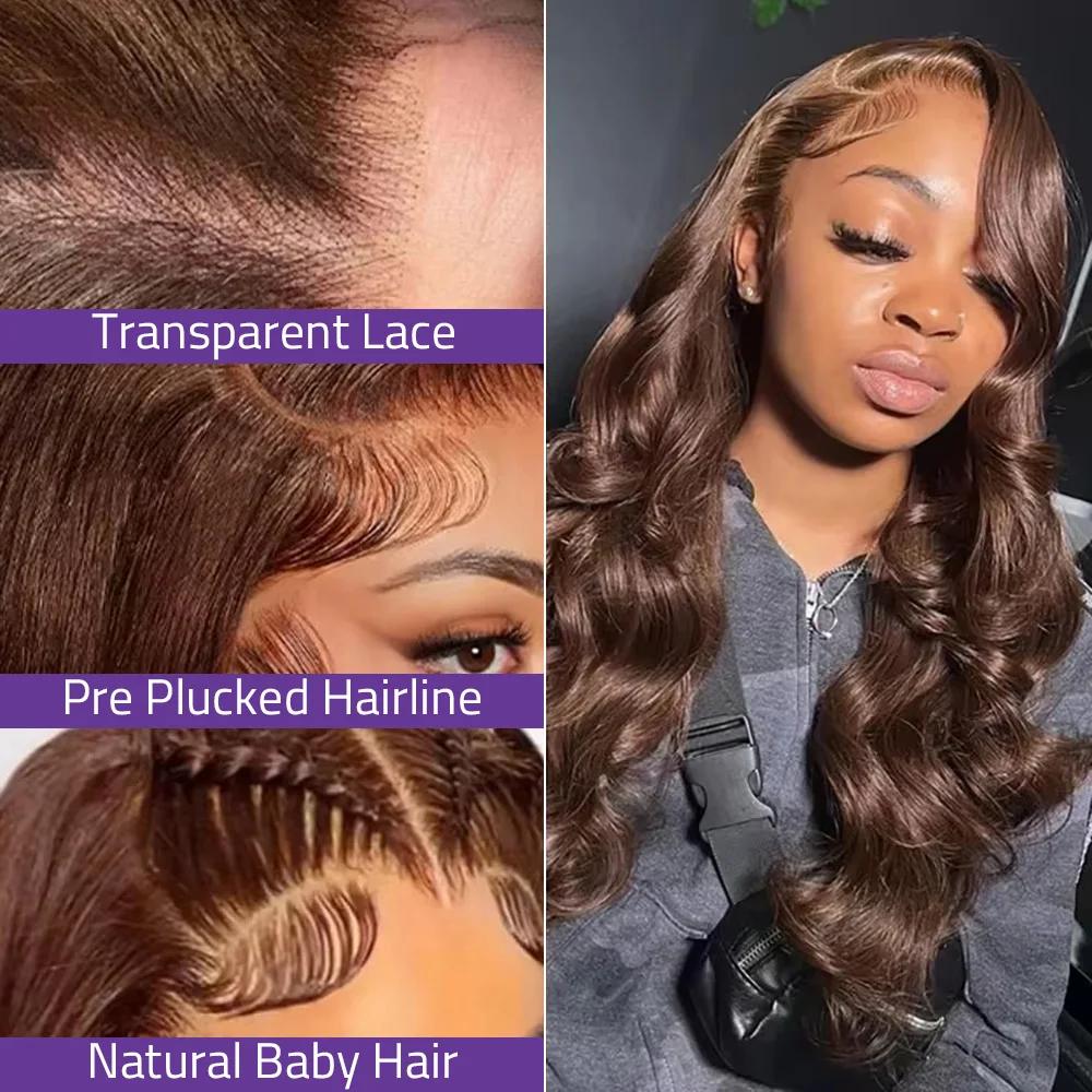 #4 Chocolate Brown Colored 200% Density 46 Inch 13x6 13x4 HD Transparent Lace Front Wigs Human Hair Body Wave Brazilian Pre Plucked Lace Frontal Wig For Women
