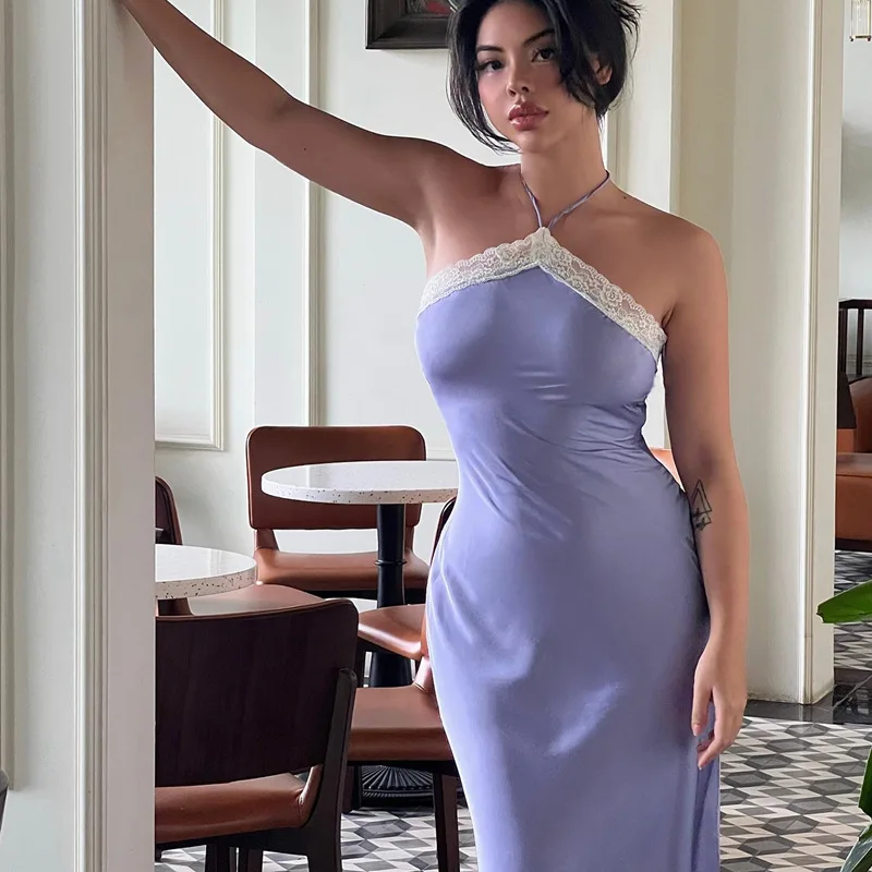 

Women's Elegant Sleeveless Summer Dress Sexy Backless Lace Striped Satin Dress Solid Color Cocktail Long Skirt Y2k Retro Dress