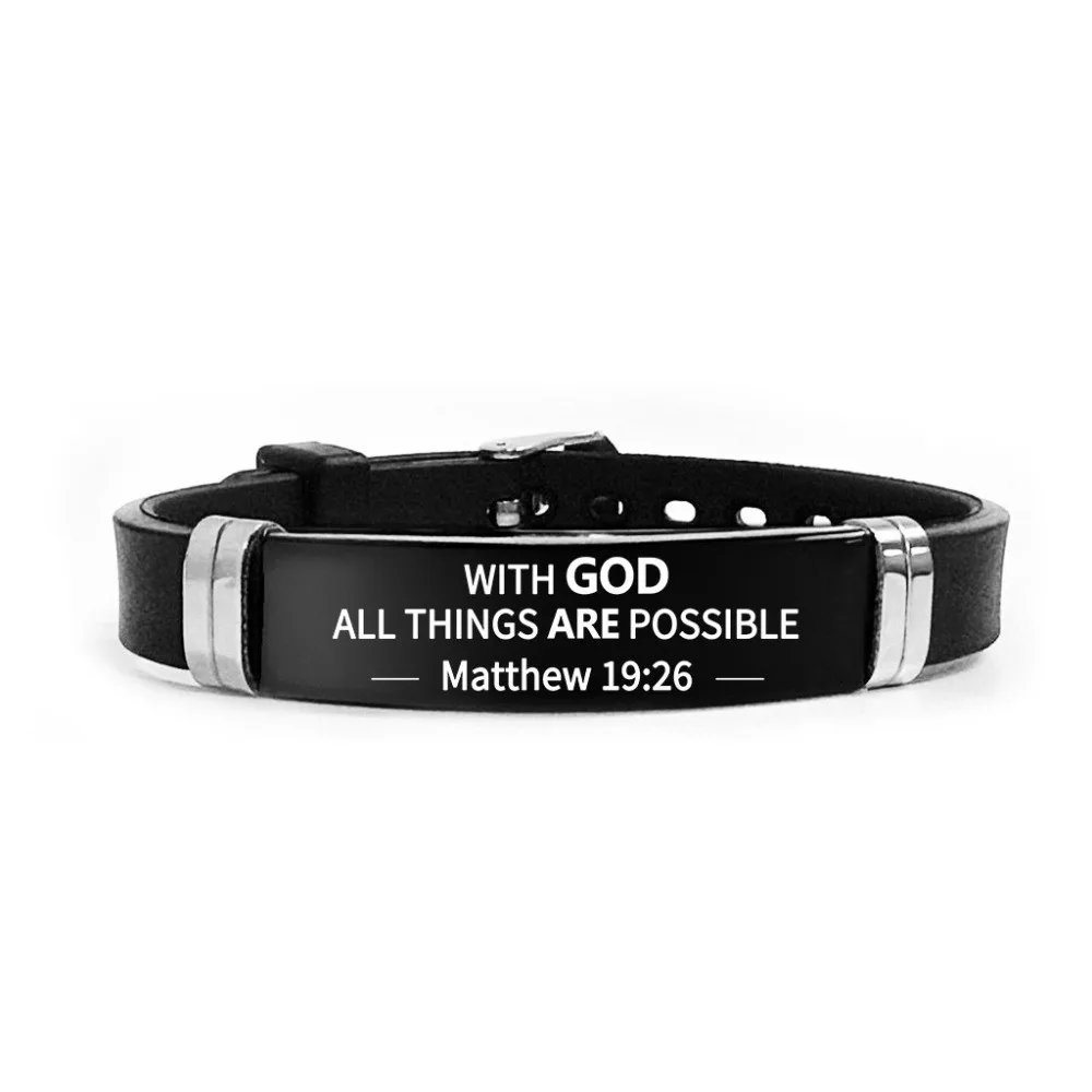 Black Stainless Steel Bible Verse Bracelet Silicone Material Wristband Christian Faith Bracelet Adjustable