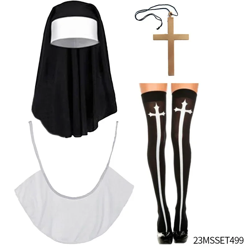 Halloween Nun Cosplay Costume Accessory Set with Catholic Nuns Costumes Hat Pendant Necklace Print Thigh High Socks Nun Collar