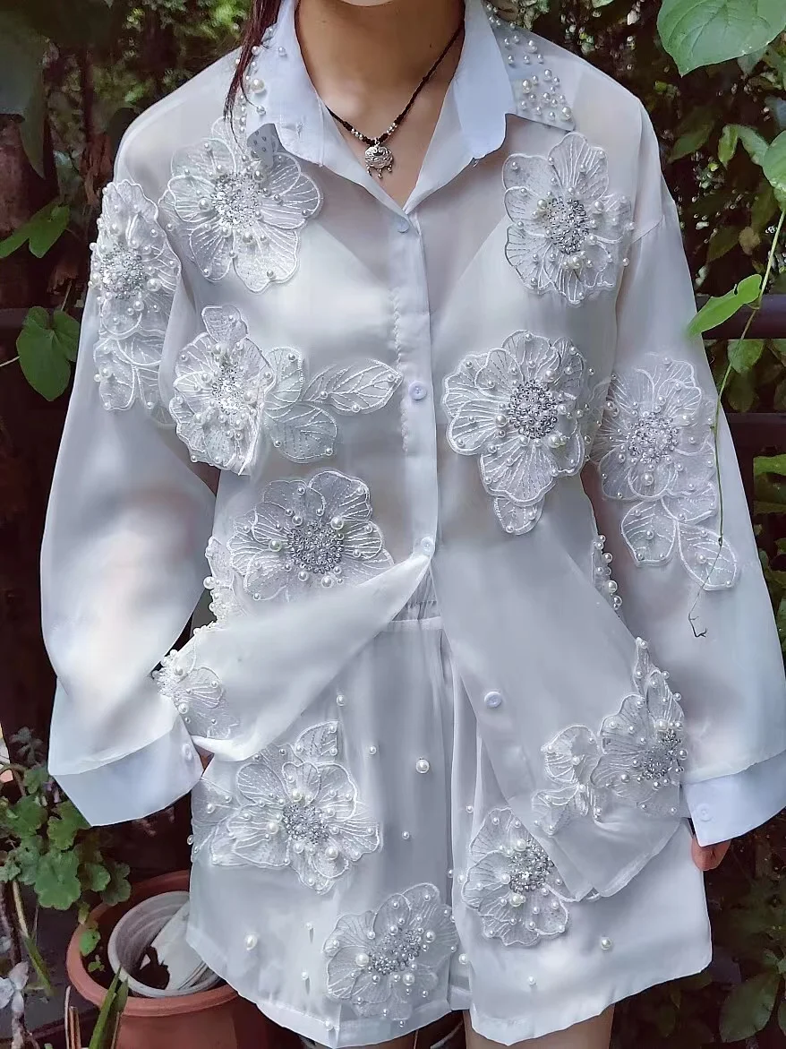 Luxury Sexy 2pcs Suit Beaded Sequined Embroidery Shirts Blouses + Beaded Flowers Shorts Set New In  Sweet Outfit