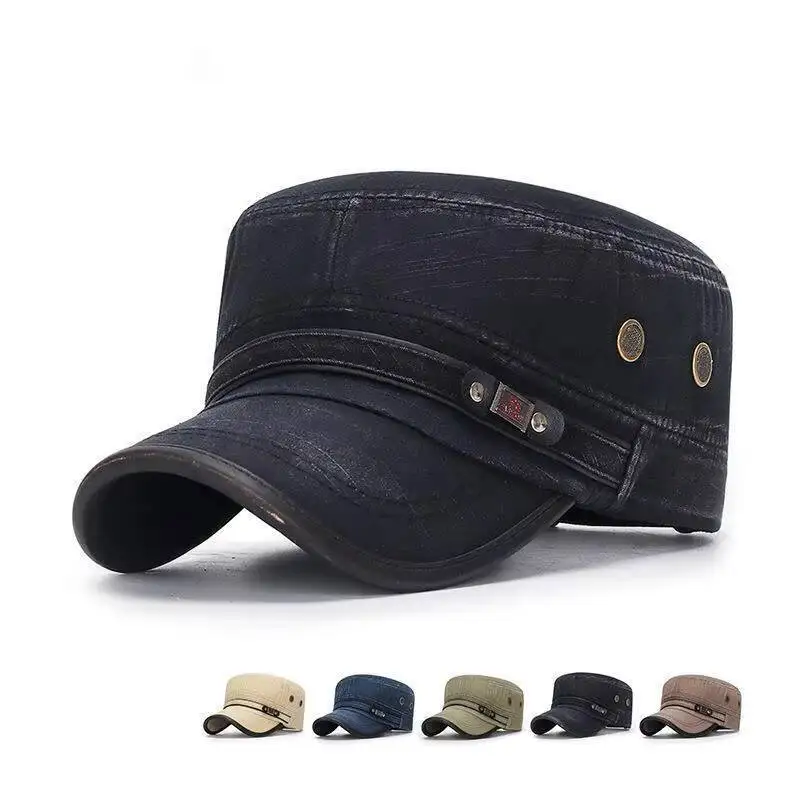 

Cadet Army Cap Adjustable Flat Top Cap Washed Cotton Military Hat Baseball Cap