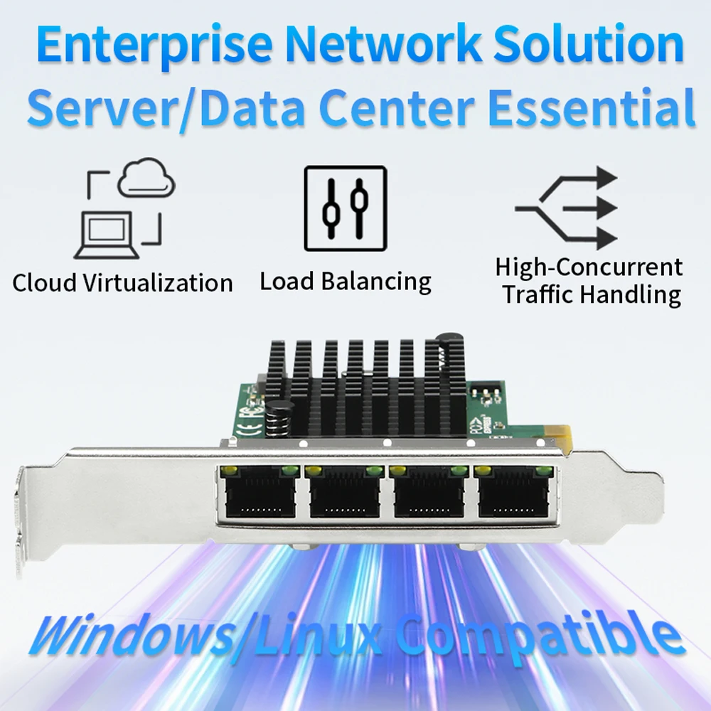 Intel I350-T4 Chip 4 Ports PCIe X1 Gigabit Ethernet Network Card Quad RJ45 Server Internal NIC 10/100/1000Mbps for Desktop PC