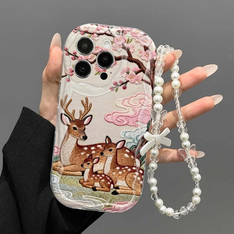 Chinese Style Deer Lanyard Phone Case For Samsung Galaxy A56 S25 Ultra S26 S24 Plus A55 A57 A36  A07 A15 A17 Wrist Strap Cover