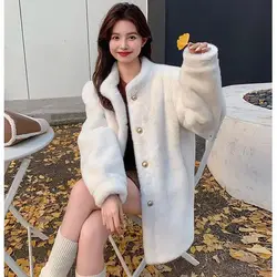 2024 Autumn/Winter New mink fur imitation rabbit fur thickened stand up collar mid length coat for women