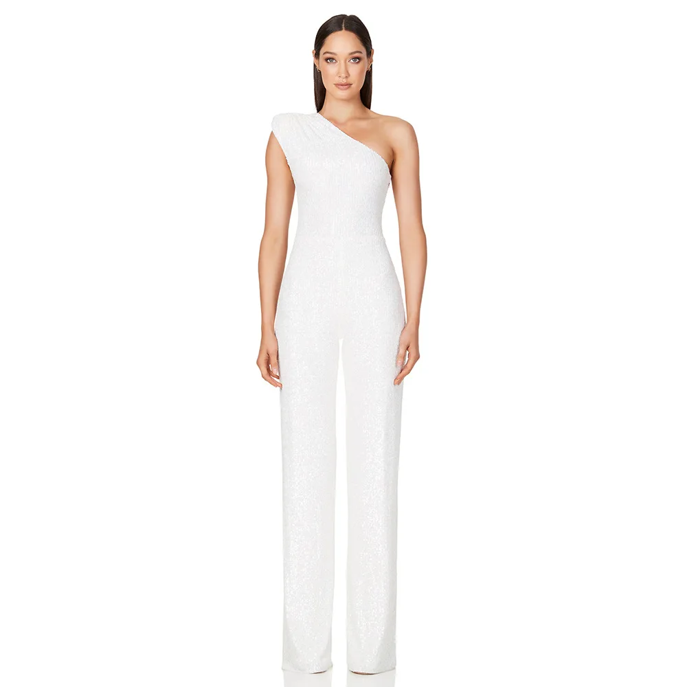 Vrouwen Sexy Elegante V-hals Lovertjes Een Schouder Lange Mouwen Hoge Taille Lange Wijde Pijpen Broek Jumpsuits Rompertjes