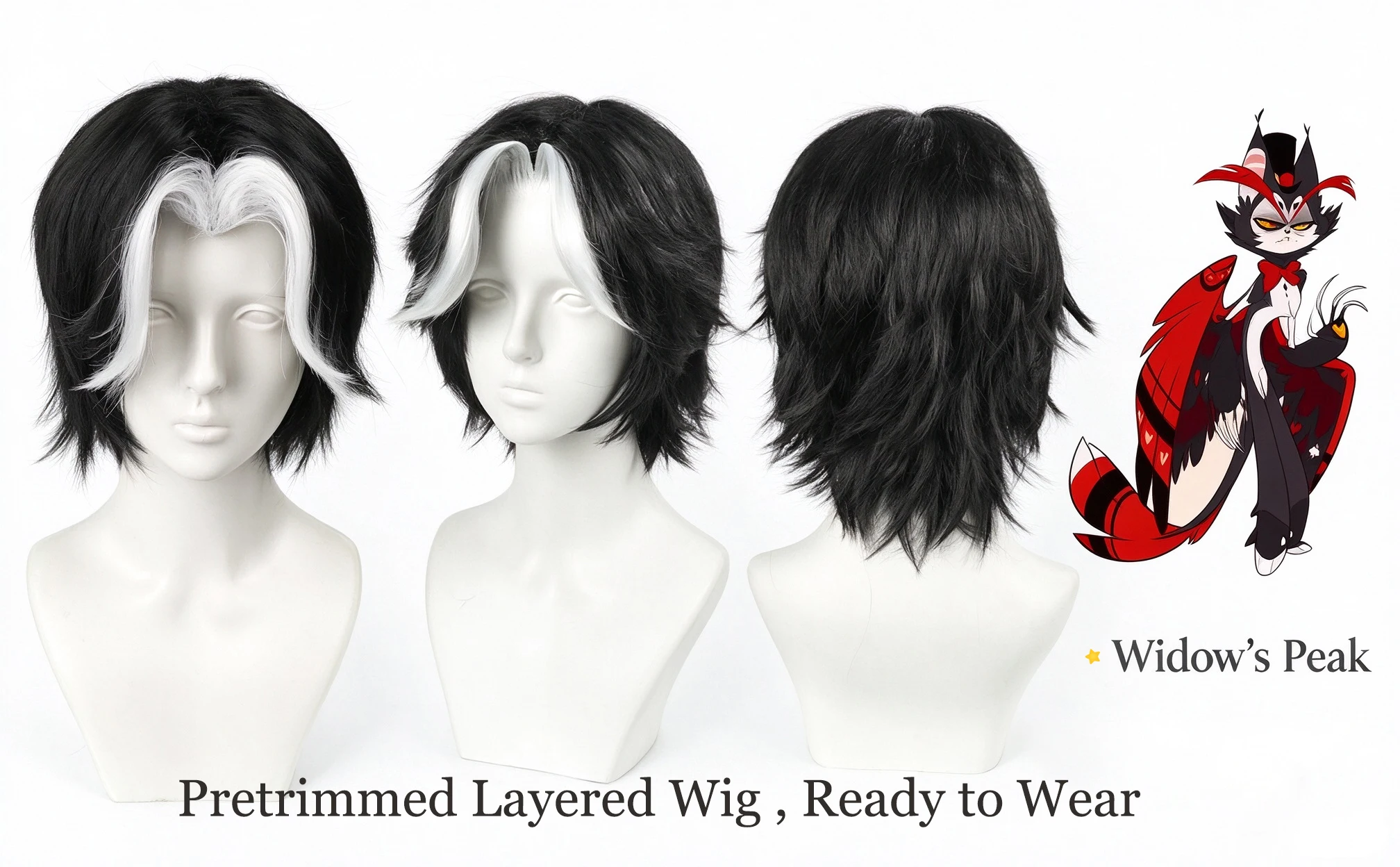 Hazbin Hotel Husk Cosplay Wig Short Black White Fluffy Male Widow's Peak Heat Resistant Synthetic Anime Wig with Wigcap
