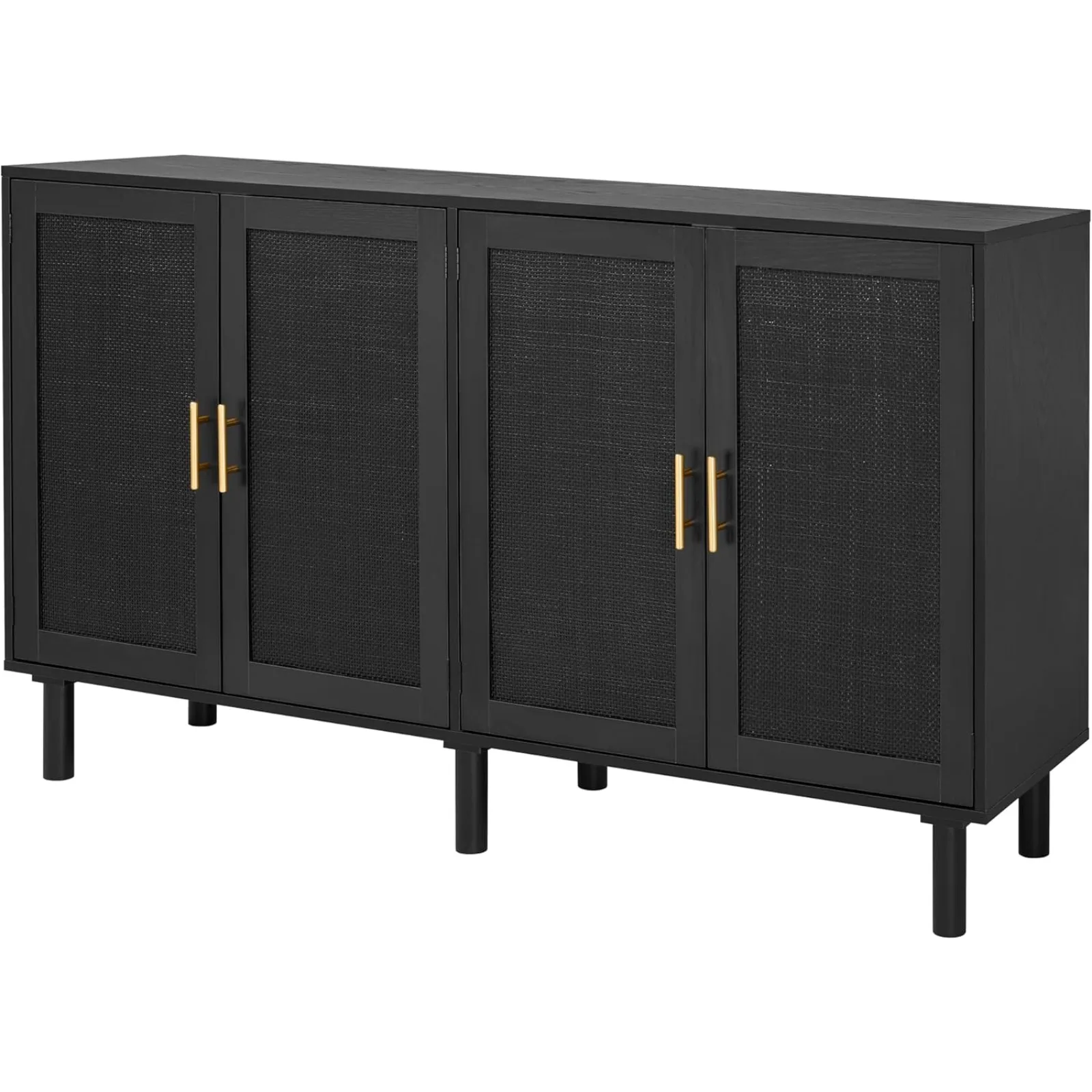 

US 4 Door Sideboard Buffet Cabinet, Kitchen Storage Cabinet with Black Painted Rattan Decorated Doors, Cupboard Console Table