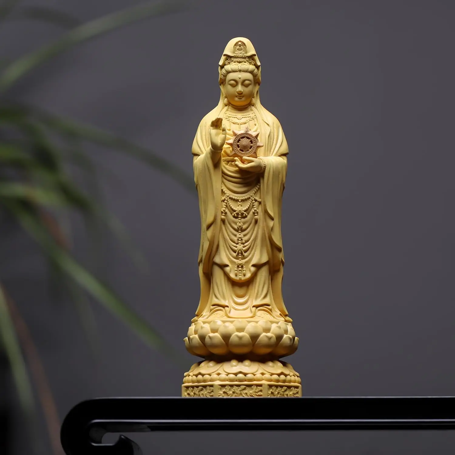 Handcrafted Boxwood Nanhai Guanyin Statue – Bodhisattva of Mercy Wooden Sculpture for Home Altar or Temple