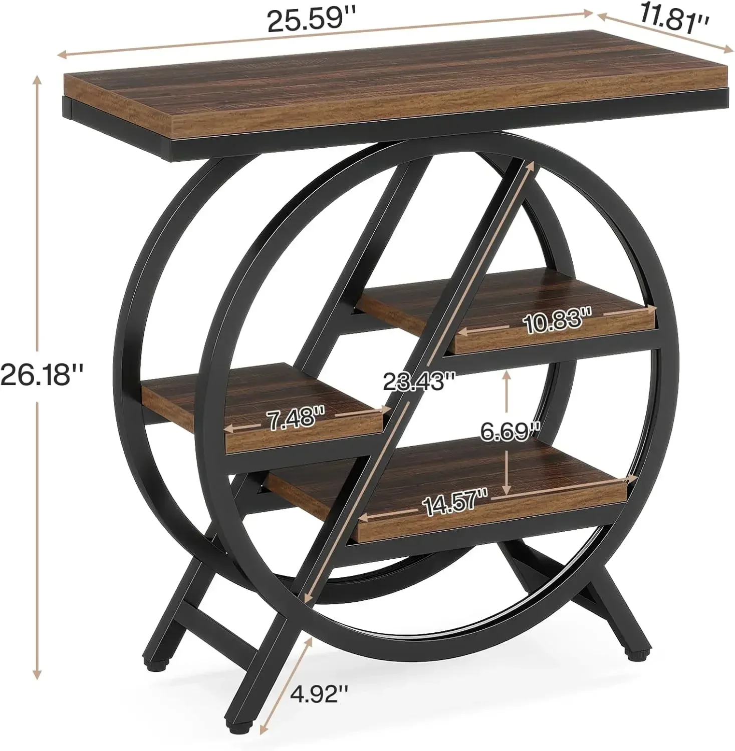 End Table for Living Room, 3-Tier Narrow Side Table with Storage, Wood Sofa Side Table with Geometric Metal Frame, Nightstand