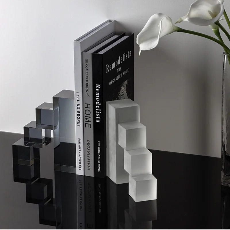 Minimalist Crystal Geometric Bookend, Staircase Climbing Sculpture Ornament Creative Bookshelf Decor for Office and Home Library