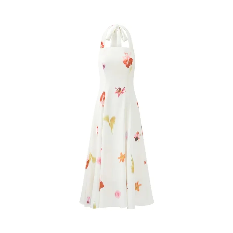 Picture 7: Women Vacation Style Halter Neck Midi Dress Lady Spring Summer Petite High Waist Floral Print Flowy Maxi Dress Slim Swing Skirt