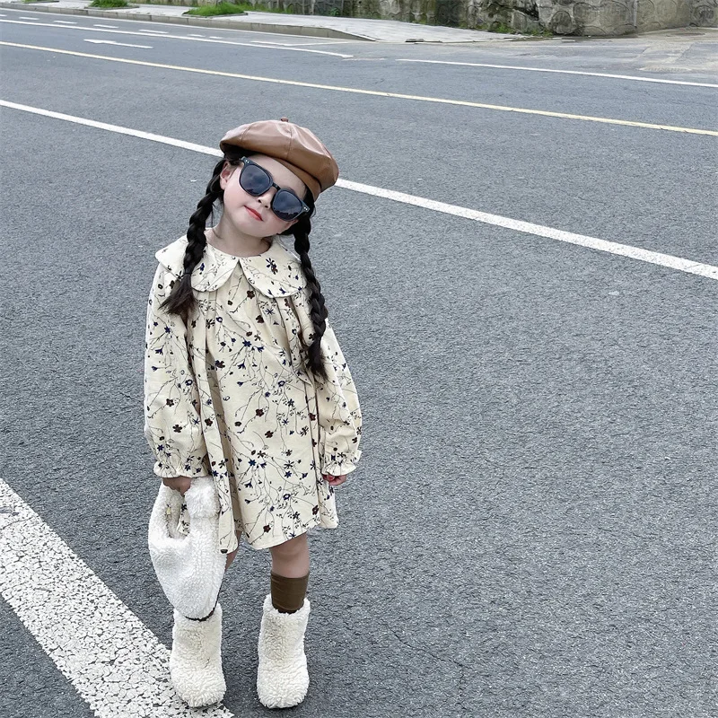 Girl Dress Autumn New 2024 Floral Flip Collar Long Sleeves Princess Lovely Casual Simple Fashion Sweet Korean Active Vintage