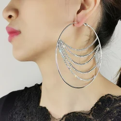 MANILAI 10cm Round Large Hoop Earrings Silver Color Luxury Rhinestones Chain Dangle Earring For Women Big Fashion Trend Jewelry