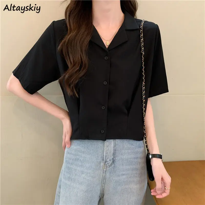 Shirts Women Summer Vintage Temperament Crop Tops New Arrival Stylish Simple Tender All-match Casual Notched Female Korean Style