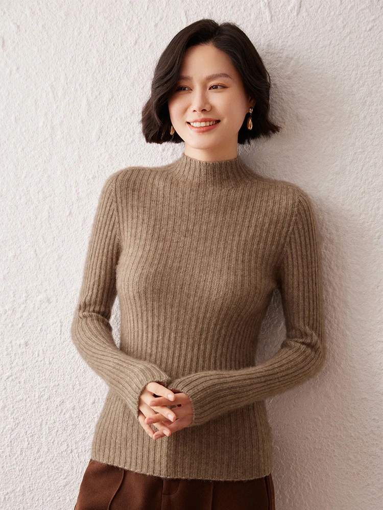 35% Cashmere Women's Pit Stripe Semi High Neck Sweater Autumn Winter Casual Fashion Thick Cashmere Needle Sweater