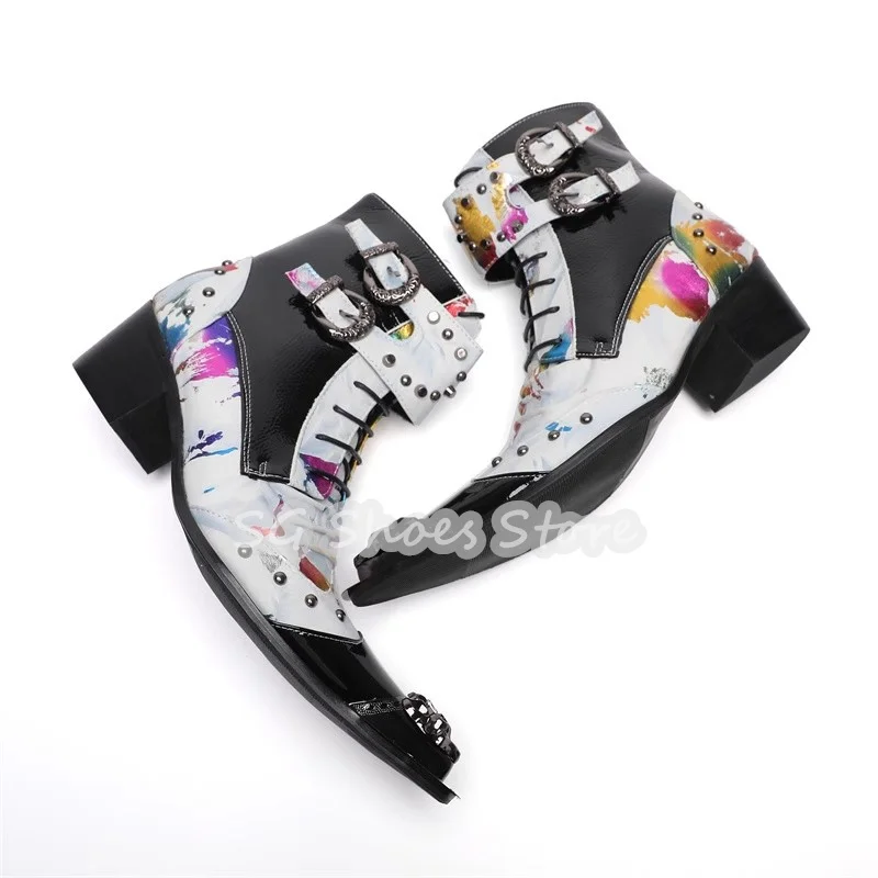 Mixed Color Non-Slip Mid-Calf Boots Metal Pointed Toe Chunky Heel Male Boots Fashion Leather Splicing Casual Shoes for Men