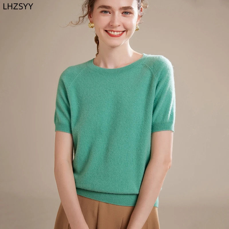 

LHZSYY 100% Pure Goat Cashmere Short Sleeve T-Shirt Ladies O-Neck High-end Half Sleeve Sweater Joker Knit Five-point Sleeve Tops