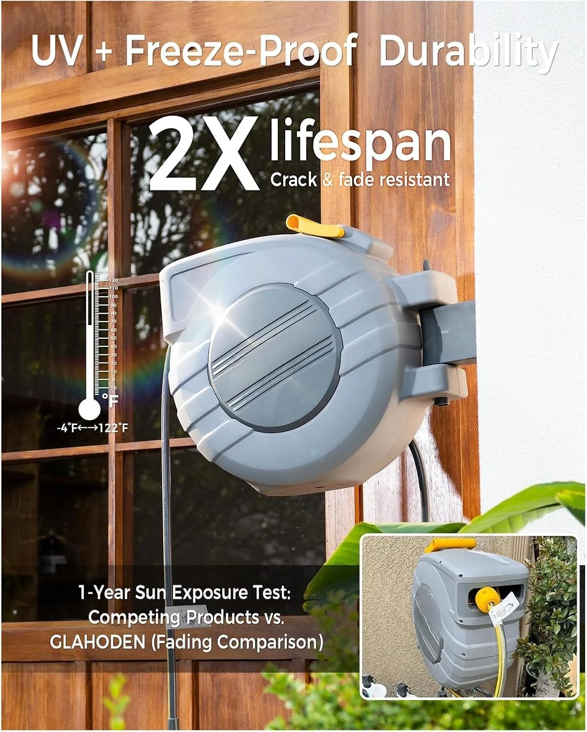 

Retractable Garden Hose Reel 5/8 in x100 ft Upgraded UV Resistant Heavy Duty Automatic Hose Reel Wall Mount 3/4 in Brass Fitting