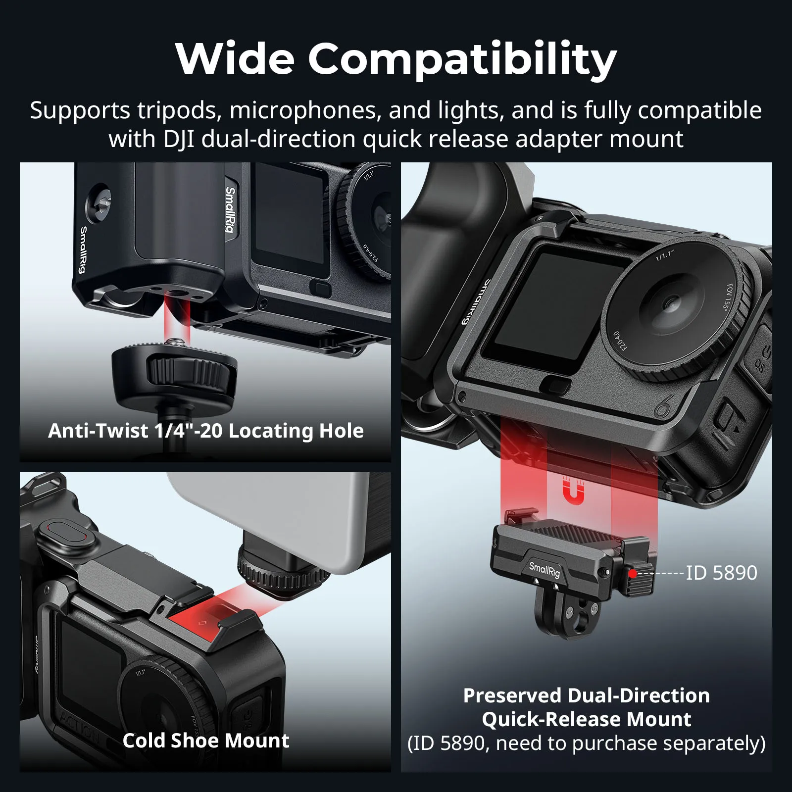 DJI 오즈모 액션 6용 스몰리그 베이직 케이지 키트, 실리콘 렌즈 커버가 있는 스트리트 사진 촬영용 핸들 그립, 콜드 슈 셔터 어댑터
