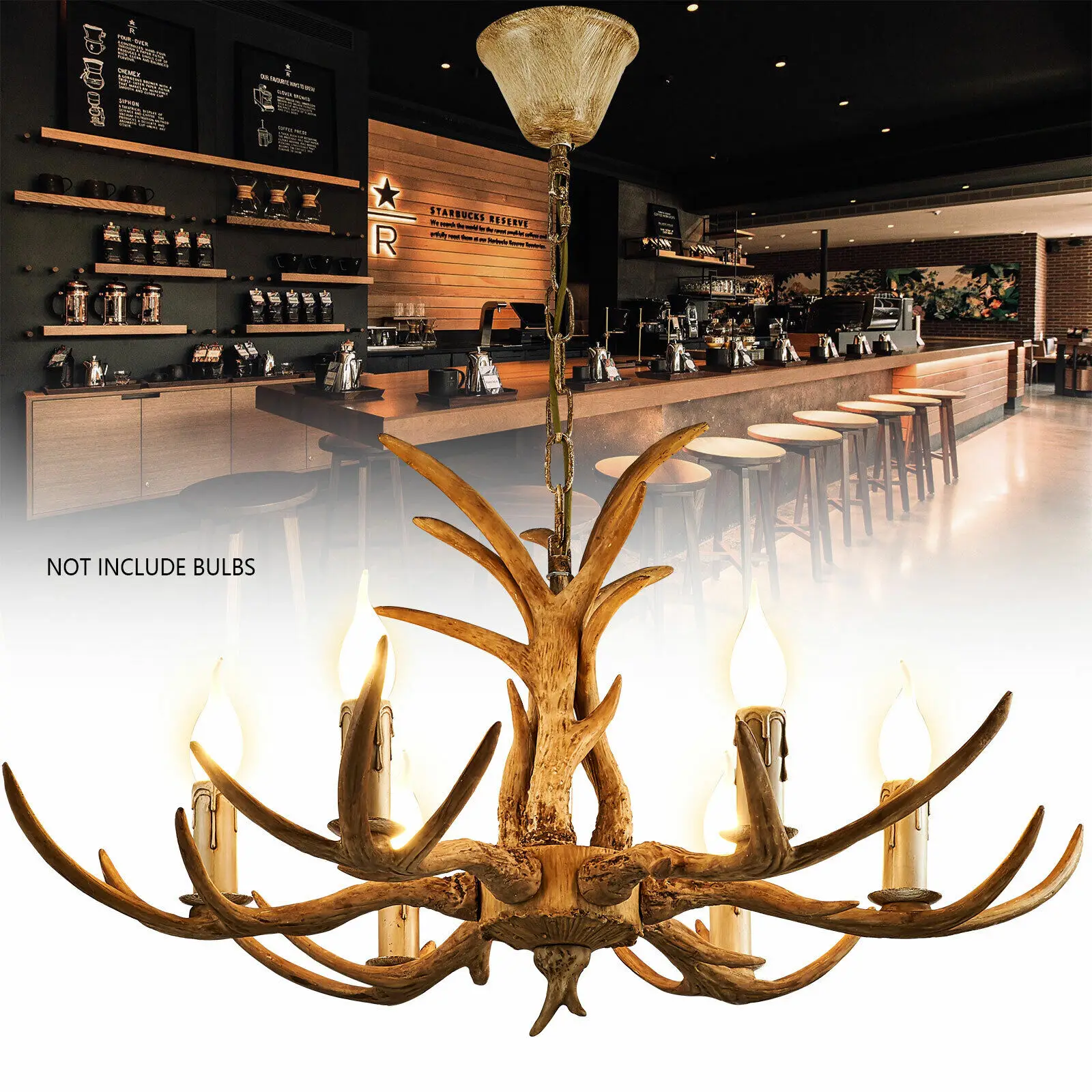 

Log Brown Resin Antler Chandelier With 6 Lamp Holders Retro Hanging Ceiling Lamp Living Room Dining Room Bar Light