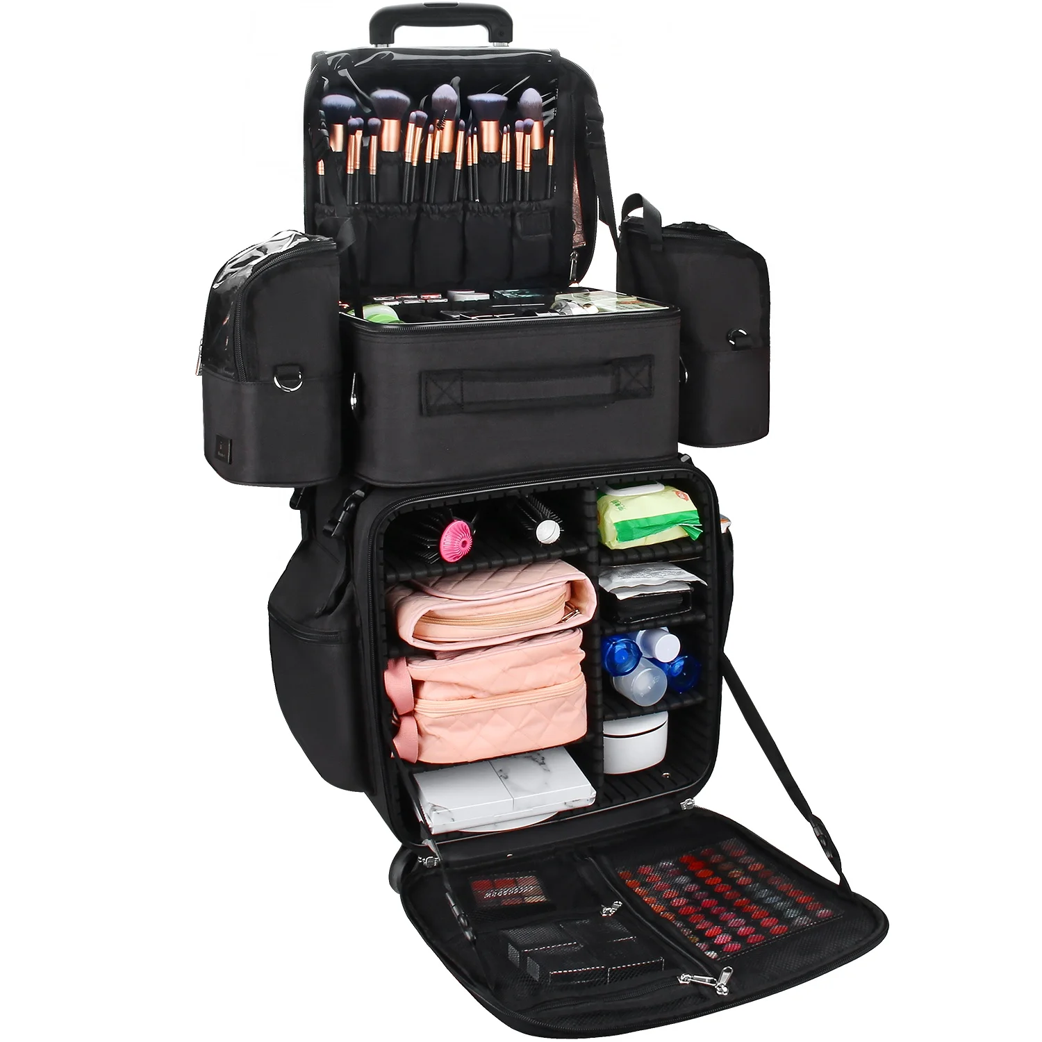 -for Relavel Professional Rolling Black Nylon Cosmetic Cases 4 In 1 Makeup Train Case Travel Cosmetic Bags For Makeup Artist