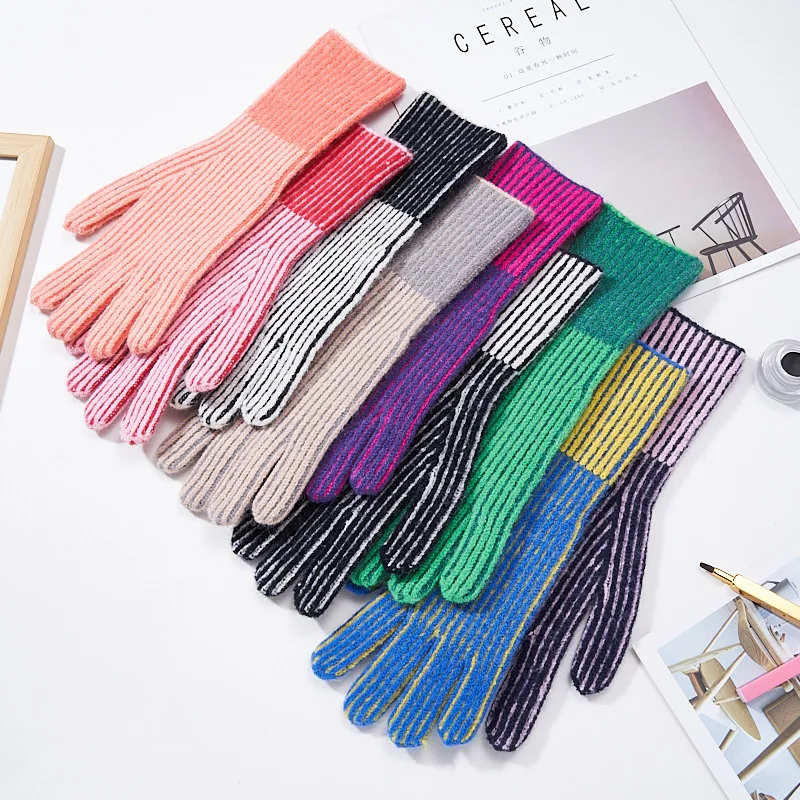 new fashion Striped color-blocked fingerless keep warm windproof gloves for women with touch screen cycling knitted students