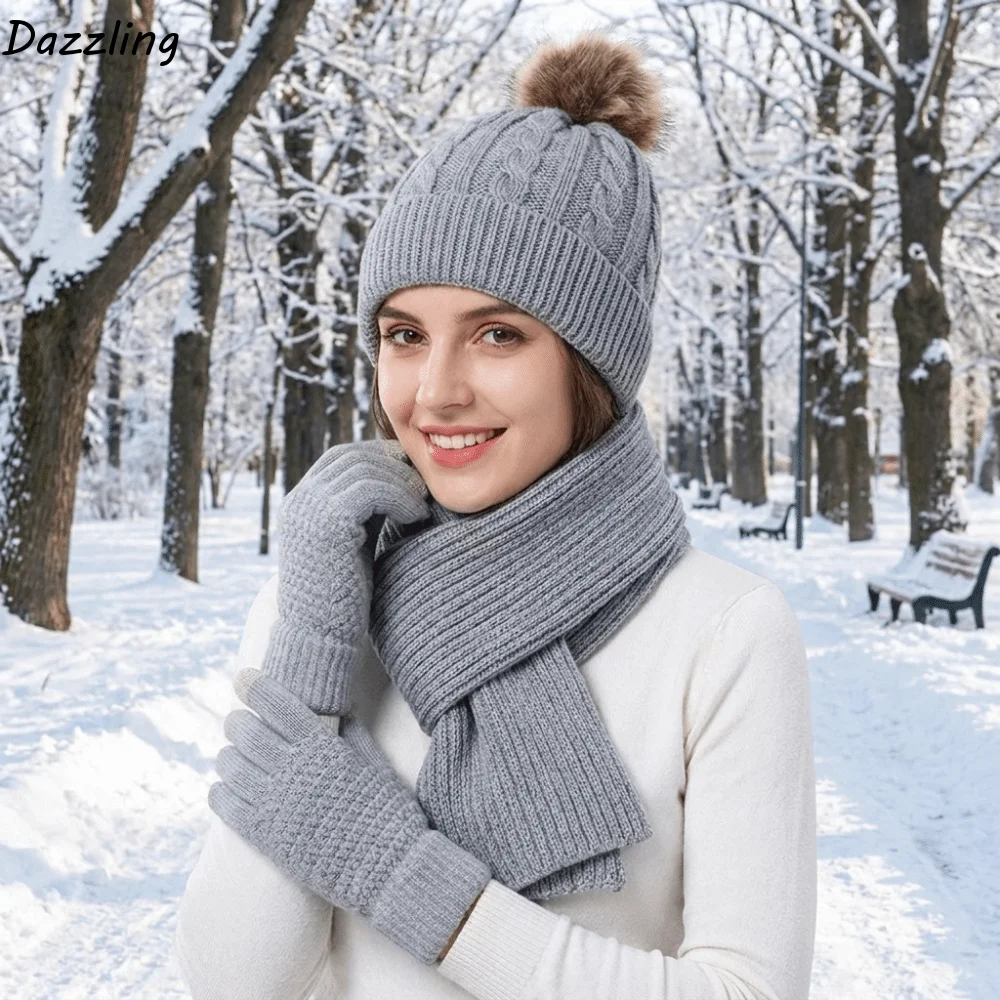 3Pcs/Set Simple Cold Proof Scarf Hat Gloves Set Touch Screen Warmer Mittens Woolen Hat Solid Color Soft Pullover Cap Daily