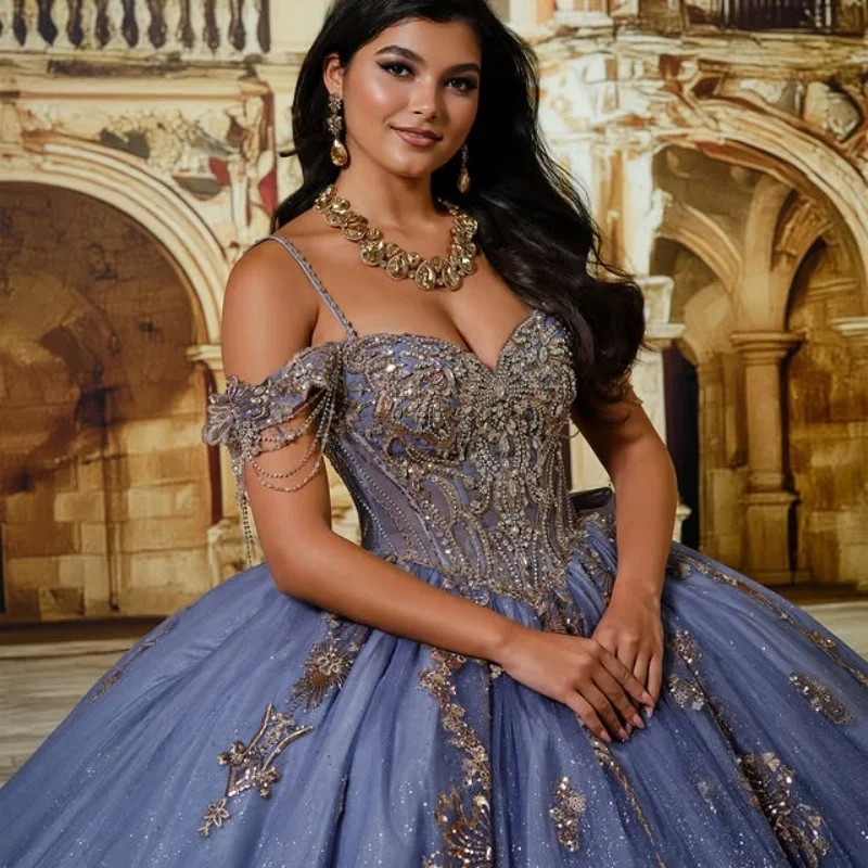 

Shiny haze blue Quinceanera Dress crystal golden Sequins Decal Lace layering Long tail Bow Vestidos De 15 Quinceanera ﻿Customiz
