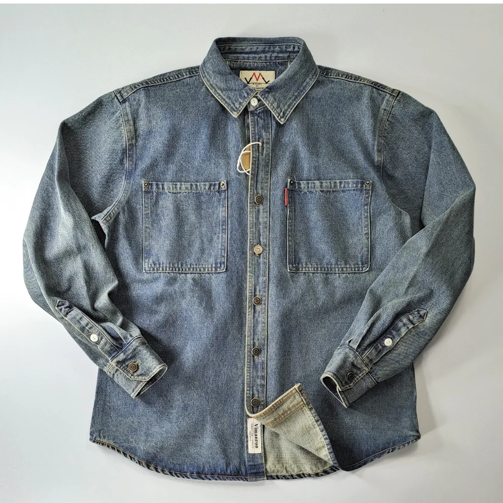 100% bawełna wiosenna i jesienna rozrywka retro kwadratowy kołnierzyk koszula dżinsowa sprany prosty gruby, odporny na zużycie dżinsowy płaszcz z długimi rękawami