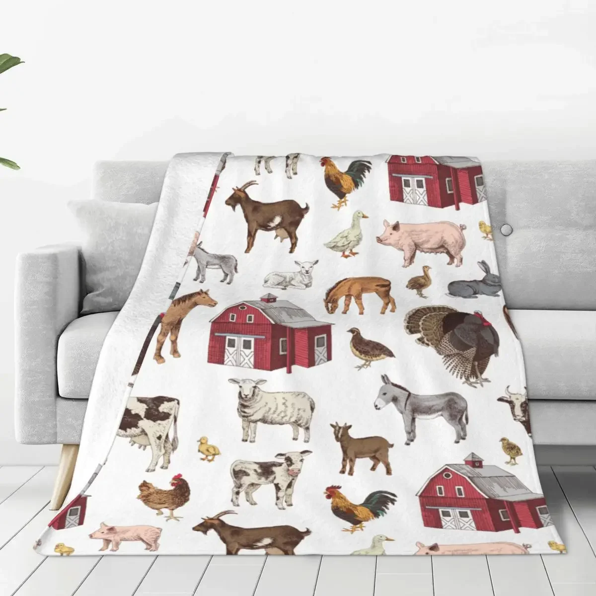 Country Farm Animals Farmhouse Village Life Blankets Flannel Print Goose Rooster Pig Cozy Lightweight Throw Blanket