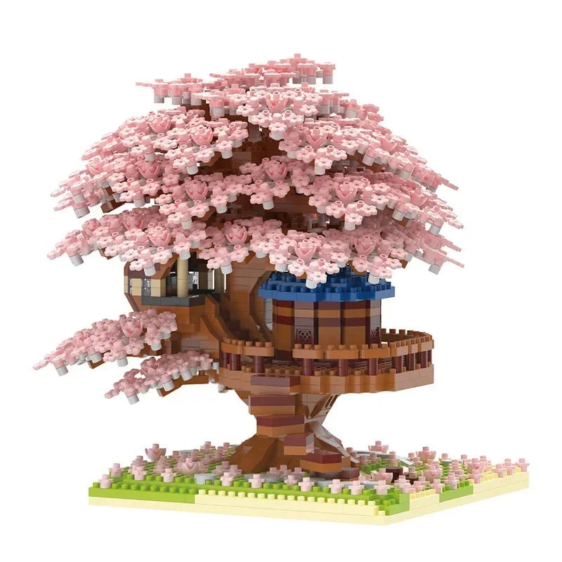 DIY Purple Romantic Cherry Blossom Flower Pink Tree House Train Assembly Building Blocks Classic Model Bricks Toys For Kids