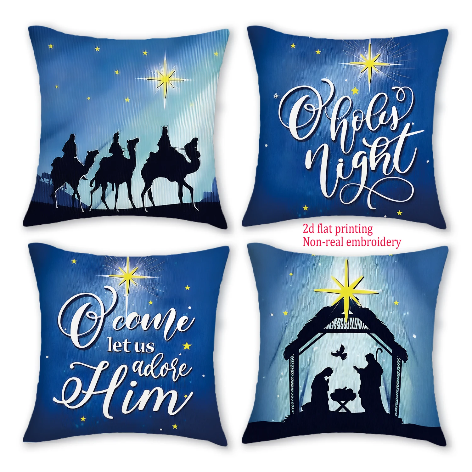 4pcs Printing Merry Christmas Cushion Covers, Nativity Non-real Embroidery Winter Home Decor Throw Pillow Covers 18in