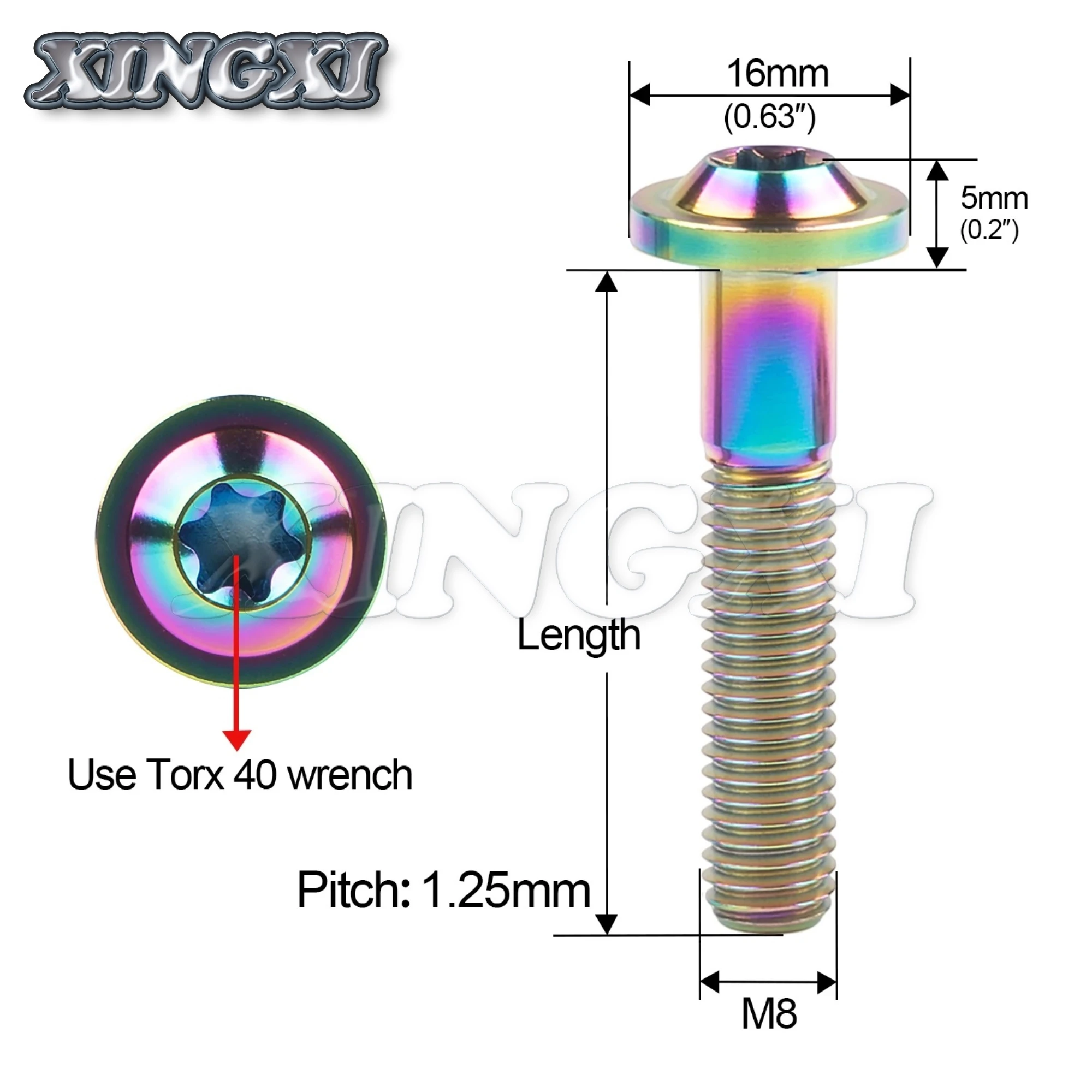 Xingxi 5Pcs M8 Ti Titânio Parafusos M8x10 15 20 25 30 35 40 50 60 5 70mm T40 Parafuso de Cabeça Torx Parafusos Parafusos de Titânio Cor