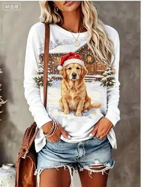 Women Long Sleeve T‑Shirt Christmas Rabbit With Scarf Winter Snow Scene Print Crew Neck Loose Casual Holiday Tops image 2