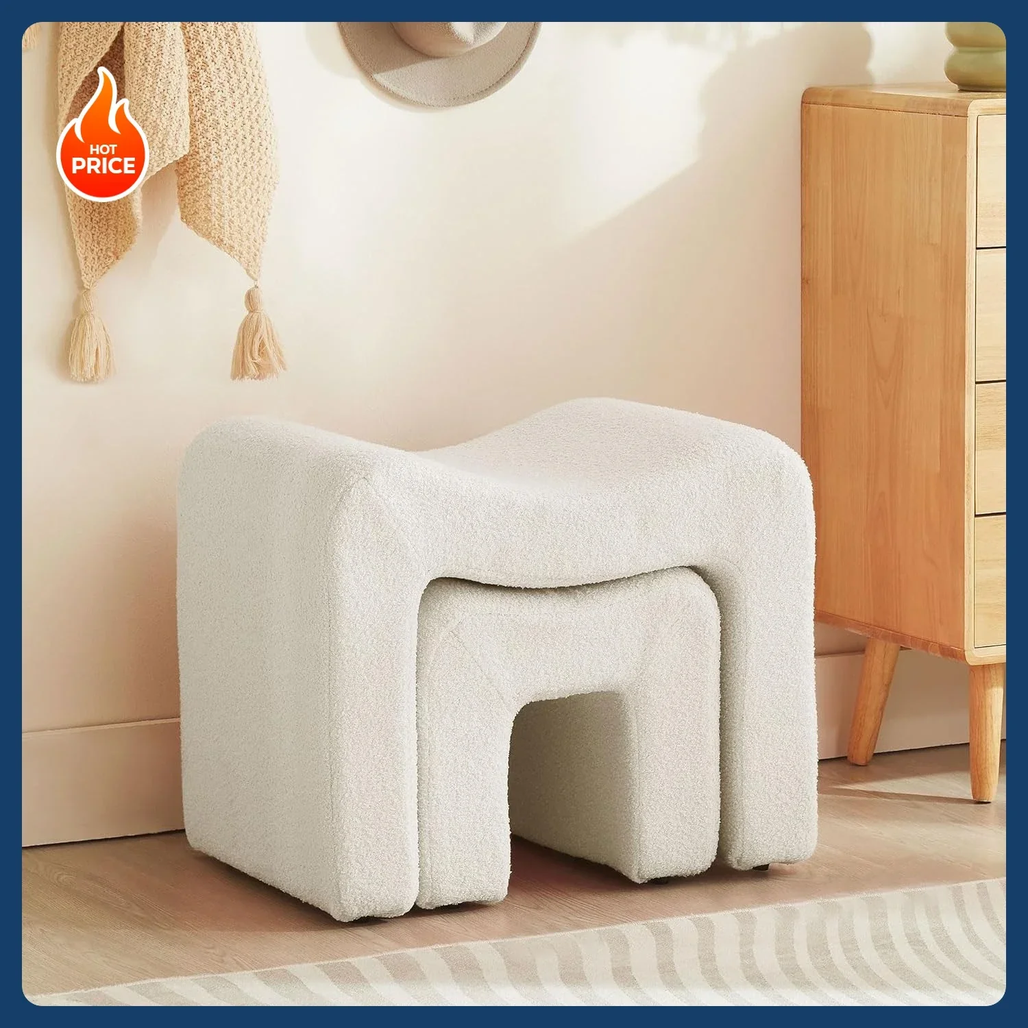 

[Hot Sale!]Small Footstool Ottoman Vanity Stool Chair Seating Backless Modern Foot Rest Teddy Velvet Ottoman Set for Makeup Room