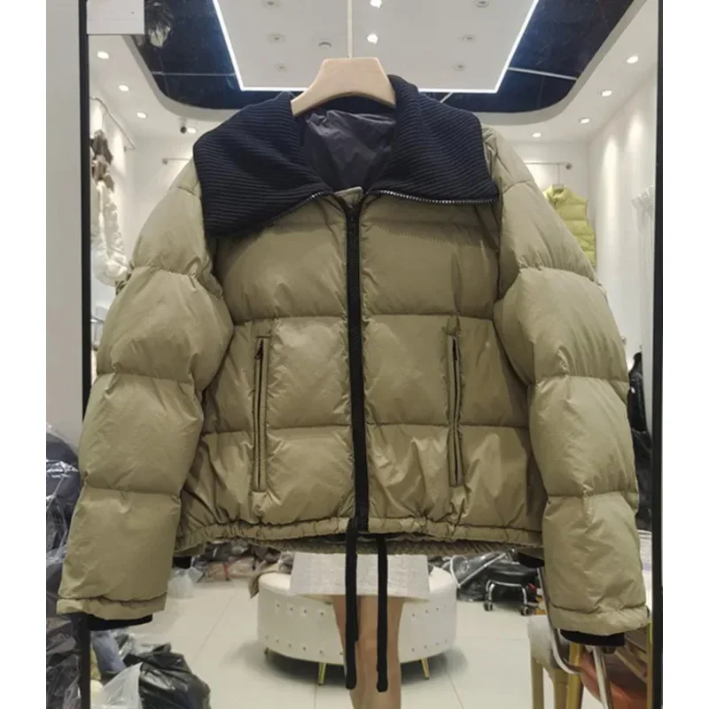 2024 New Winter Women Special Design Warm Puffer Jacket Female 90% White Duck Down Coat Slim Knitted V-Neck Casual Parka Out MN3