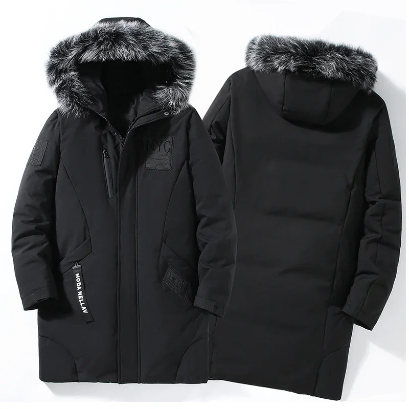 Winter Fur Collar White Duck Down Coat Men Women Couple Down Puffer Jacket Casual Long Knee-length Hooded Thick Versatile Parka