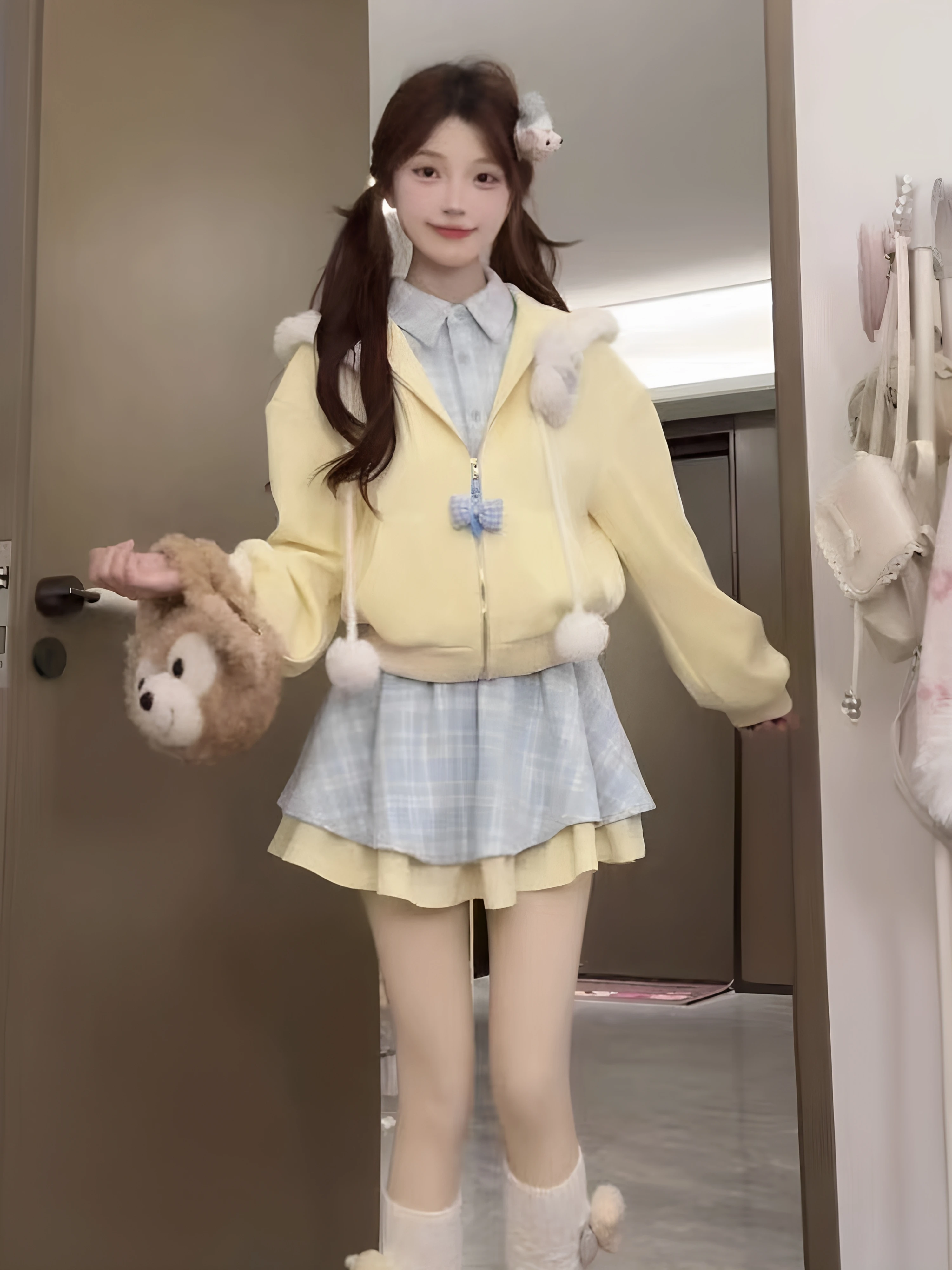 Sweet Dopaamine Yellow Outerwear Short Skirt Two-Piece Set Autumn Winter Small Size Fashion for Girls Zipper Closure Plaid Pa...