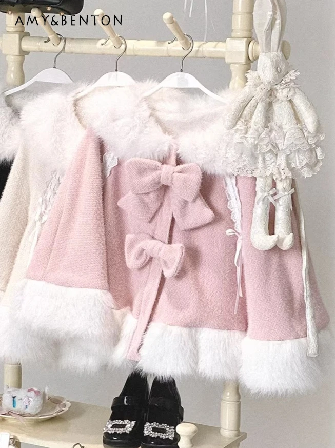 

Оригинальная милая плюшевая шаль с бантом на шнурке, флисовая накидка, элегантное однобортное пальто с капюшоном в стиле Лолиты для женщин