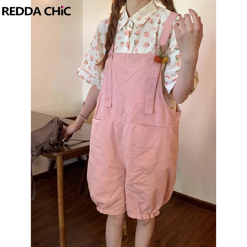 

Милые женские комбинезоны ReddaChic, корейский розовый однотонный Свободный Повседневный длинный комбинезон до колена, комбинезоны с оборками, летняя одежда для девочек-подростков