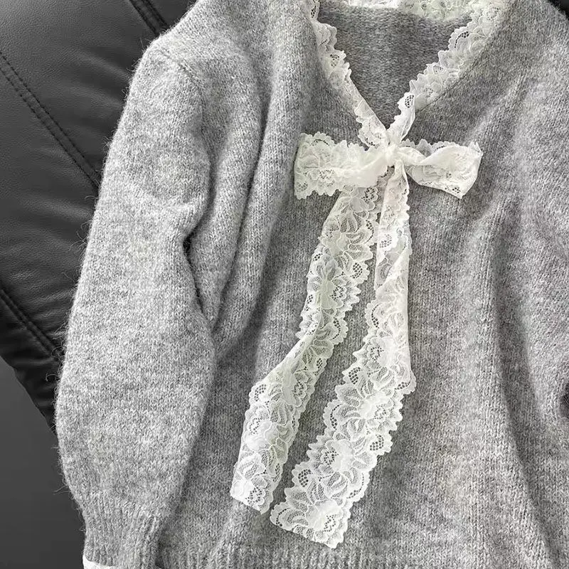 

Y2k корейский вязаный пуловер с бантом феи женский милый кружевной японский свободный свитер женский осенне-зимний оверсайз Y2k наряды