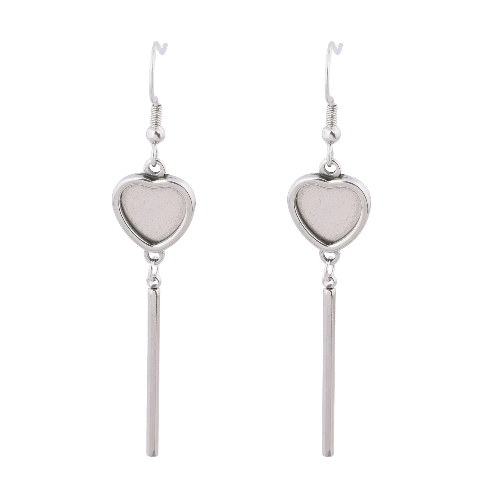 10pcs Stainless Steel 10mm Heart Cabochon Earring Base Setting Blanks With Stick Charms Diy Hooks Findings For Jewelry Making