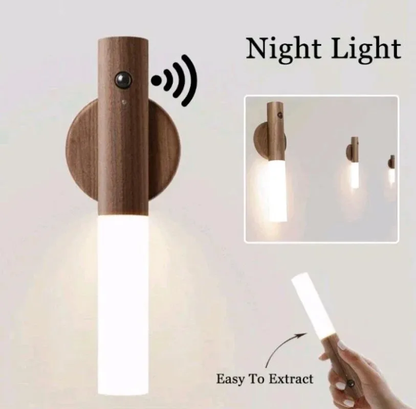 Wooden Motion Sensor Night Light LED Wall Lamp USB Rechargeable Magnetic Indoor