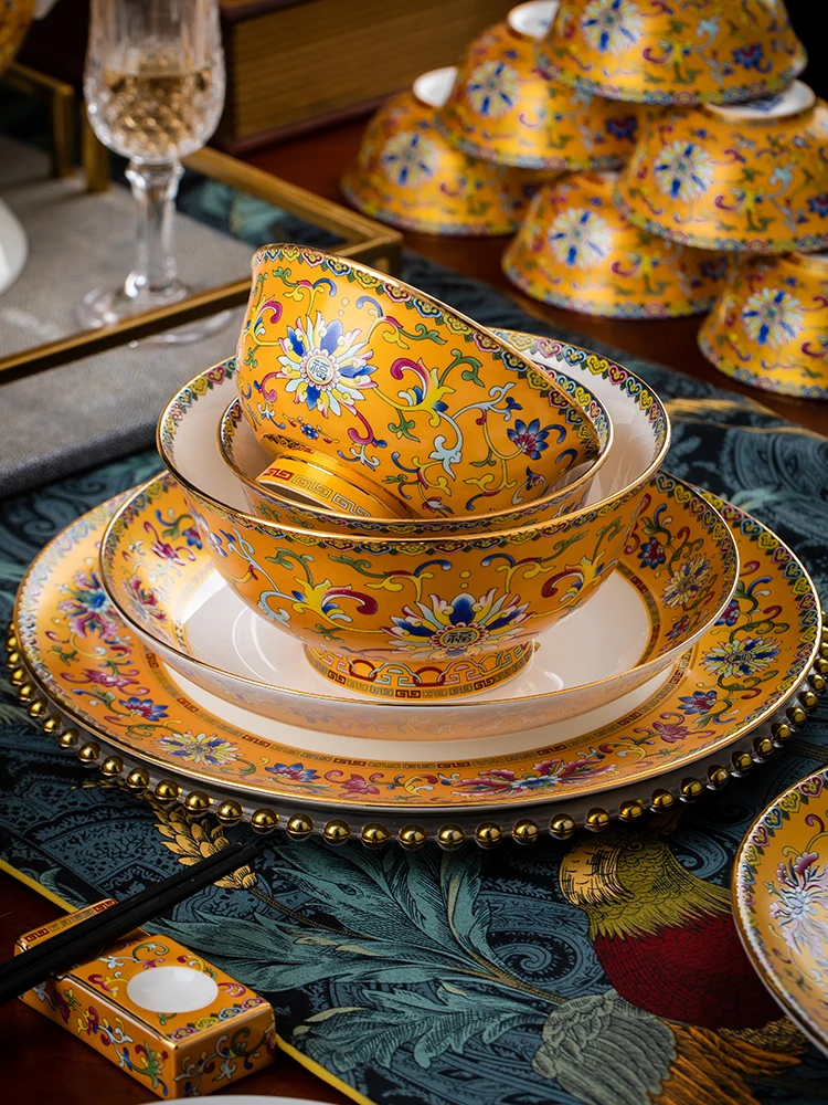 Phnom Penh High-End Dishes and Bowls of Bone China Rice Bowl Household Ceramic Bowl and Dish Set Hotel Club Table Combination