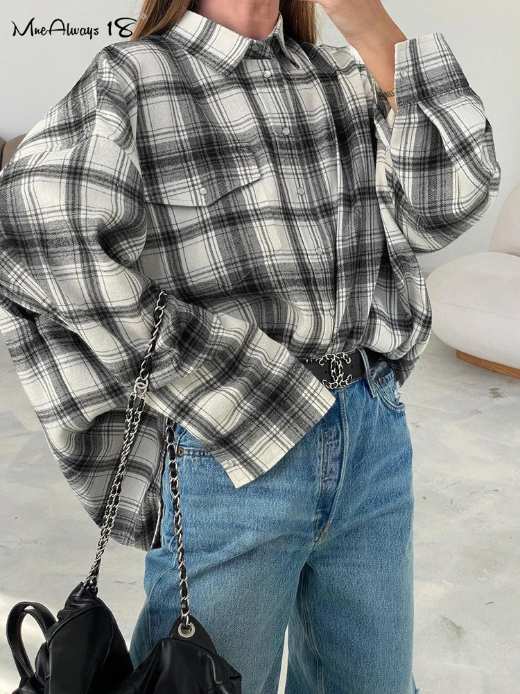 Mnealways18 Street Style Oversize Black And White Gingham Shirts Casual Long Sleeve Women Plaid Blouses Drop Shoulder Lady Tops