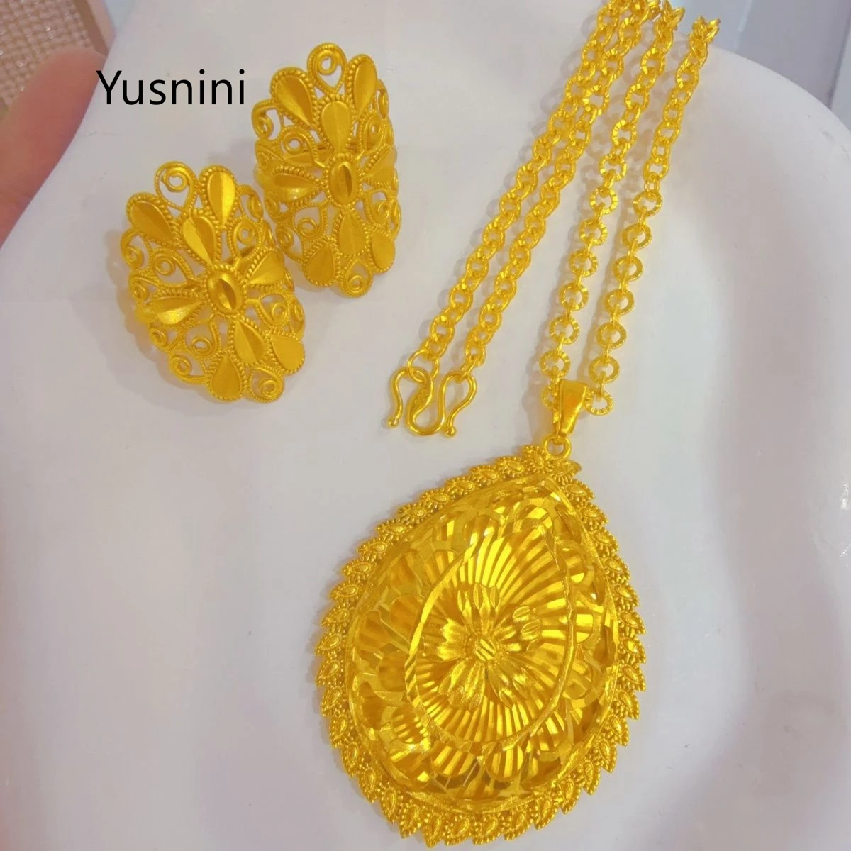 

New French Fashion Dubai High end 24K Gold Plated Necklace Ring Exquisite Wedding Party Jewelry Set for Lovers 555