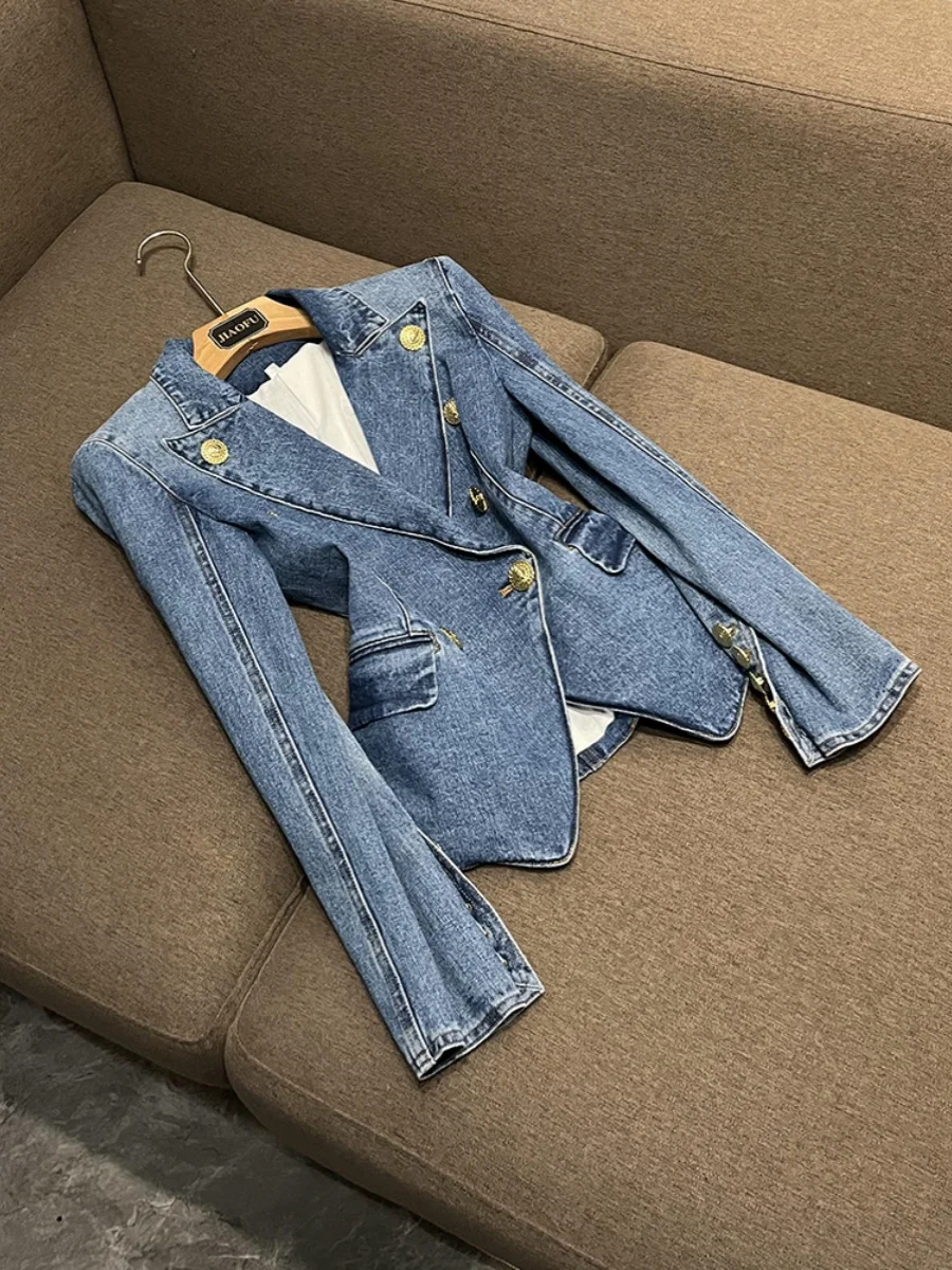 

Джинсовый костюм Slim Fit с двубортной талией Jaet Верхняя одежда Celebri Sle Commute Wind ort Sve Regular Length Pure Color