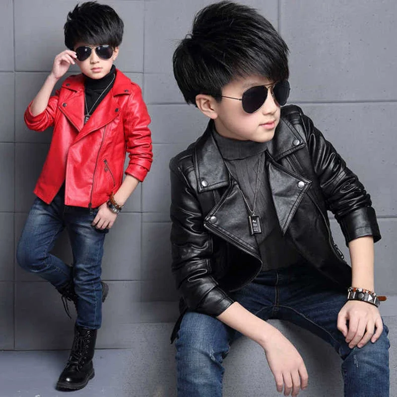 

Black Red Faux PU Leather Short Jacket Boy's Coat Tunic Girls Outerwear Zipper Motorcycle Autumn Fashion Biker Clothes XMP42